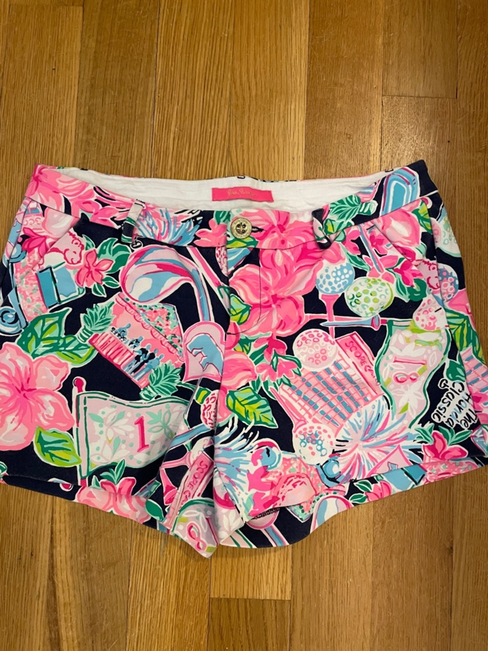 Lilly Pulitzer Honda Navy Shorts with Bright Pink Floral Print 4